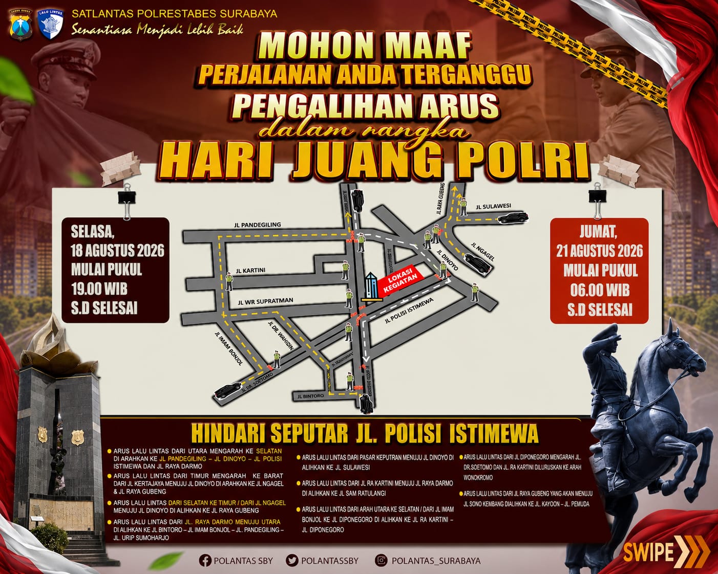Hari Juang Polri, Satlantas Polrestabes Surabaya Terapkan Rekayasa Lalu Lintas di Pusat Kota